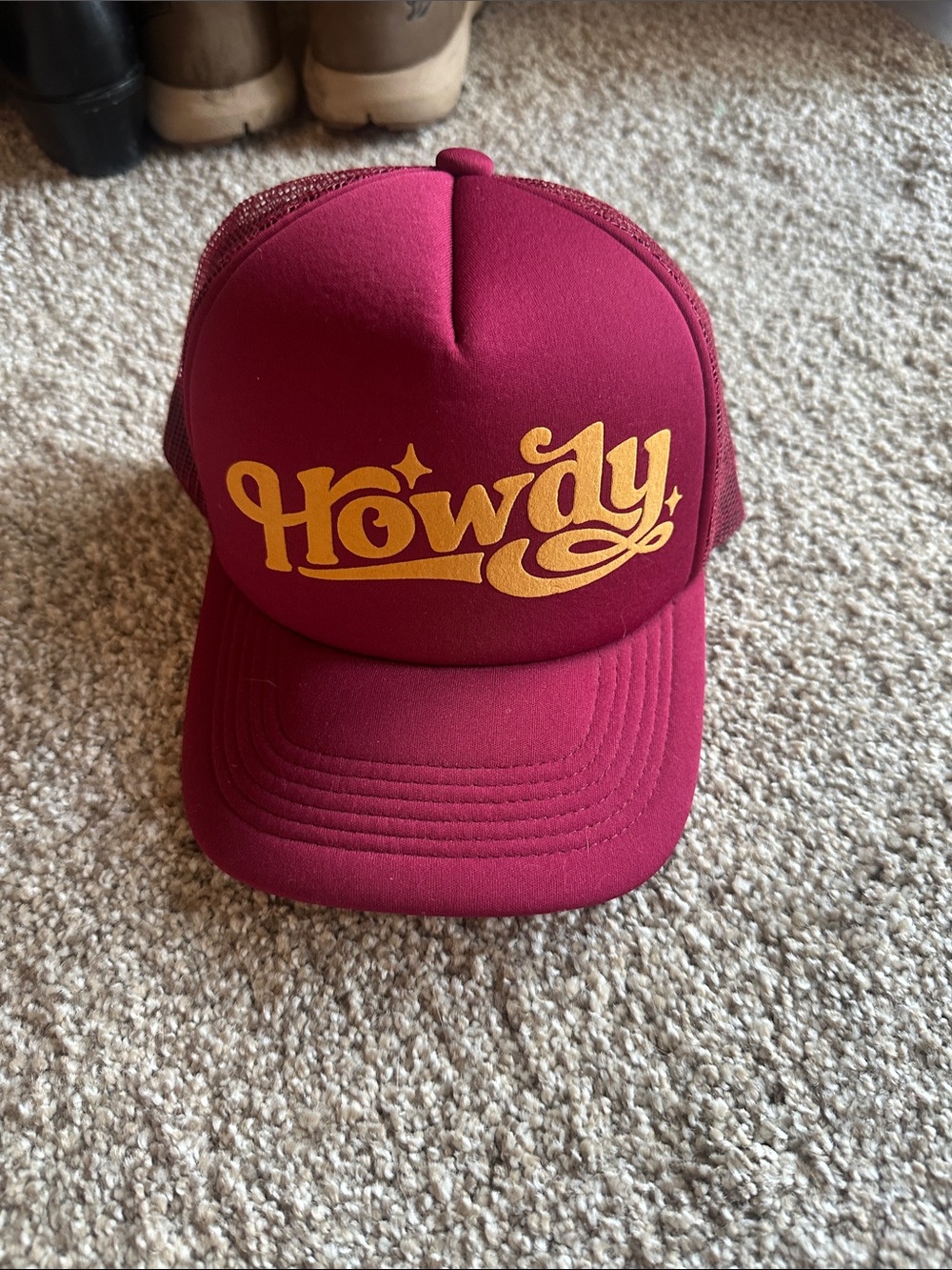 Howdy Trucker Hat - Maroon with Gold Print